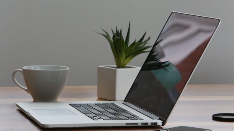 un ordinateur portable sur un bureau avec une tasse et une plante grasse